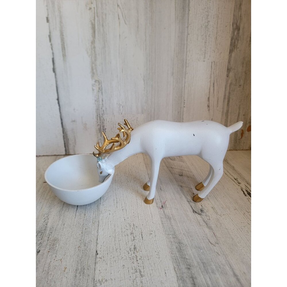 Metal bowl candy serving Xmas deer buck Xmas‎ figure decor gold white unique